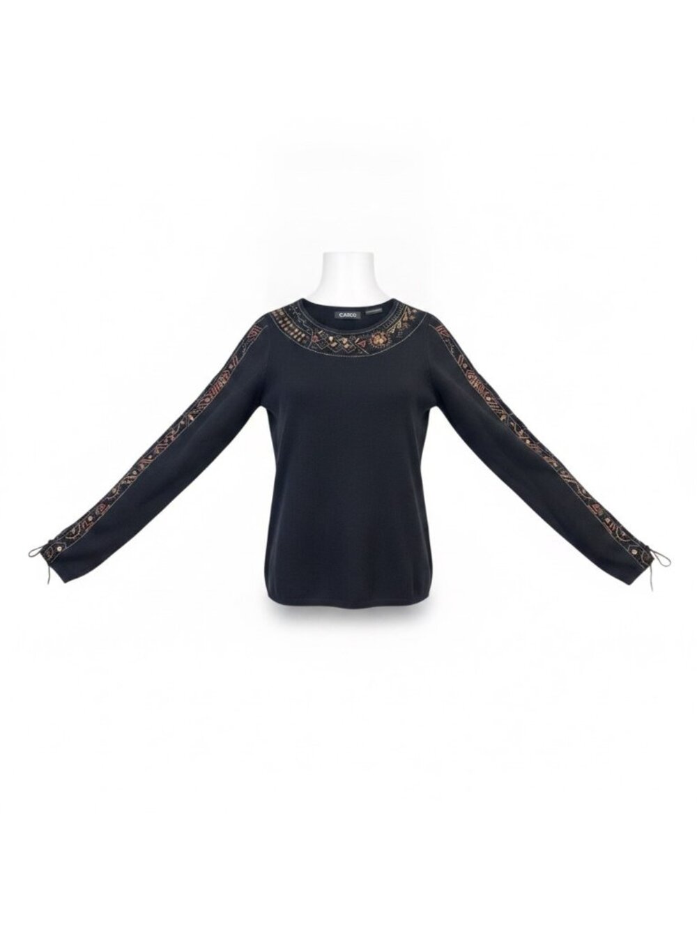Cabo Womens Black Beaded Embroidered Long Sleeve Top Pull Tie Size S